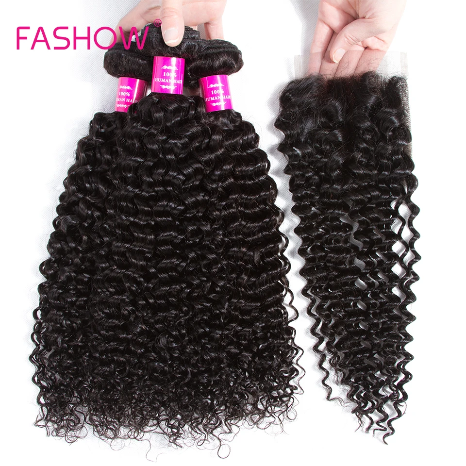 Peruvian Human Hair Kinky Curly 3 Bundles With Closure 100% Human Hair Natural Black Color Non Remy Hair
