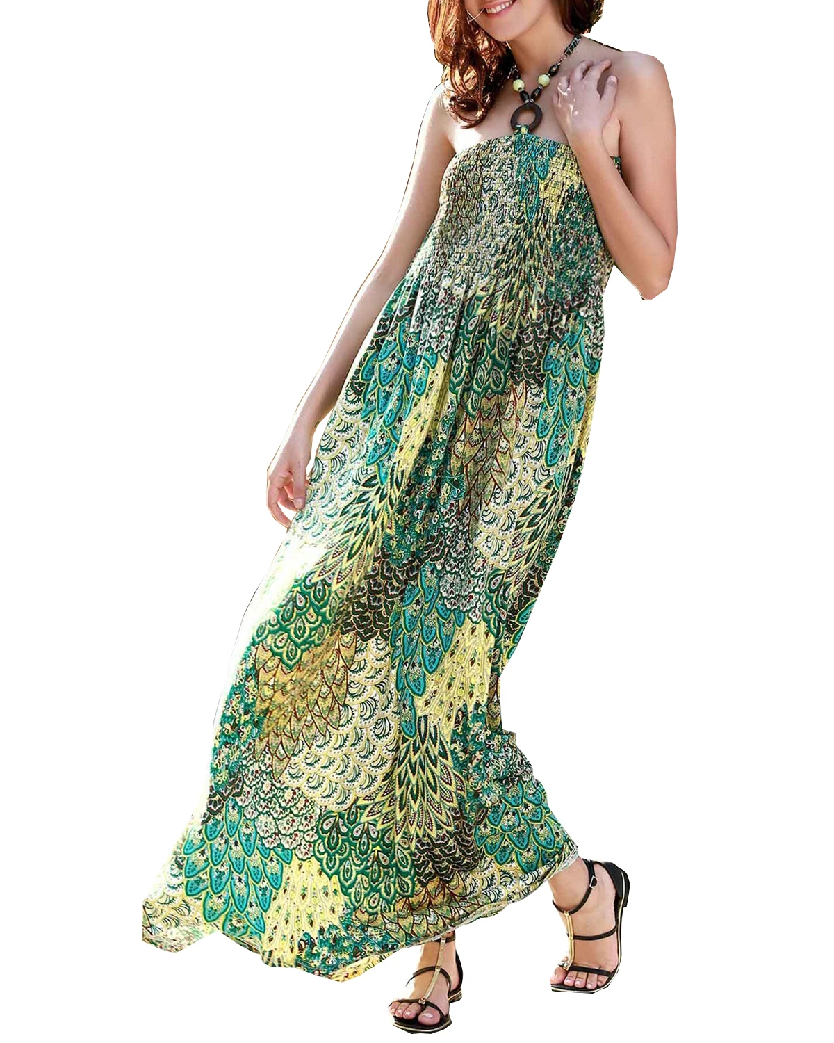 Zmart Women Graphic Print Beaded String Halter Smocked Bodice Maxi Dressmaxi dressdress dress