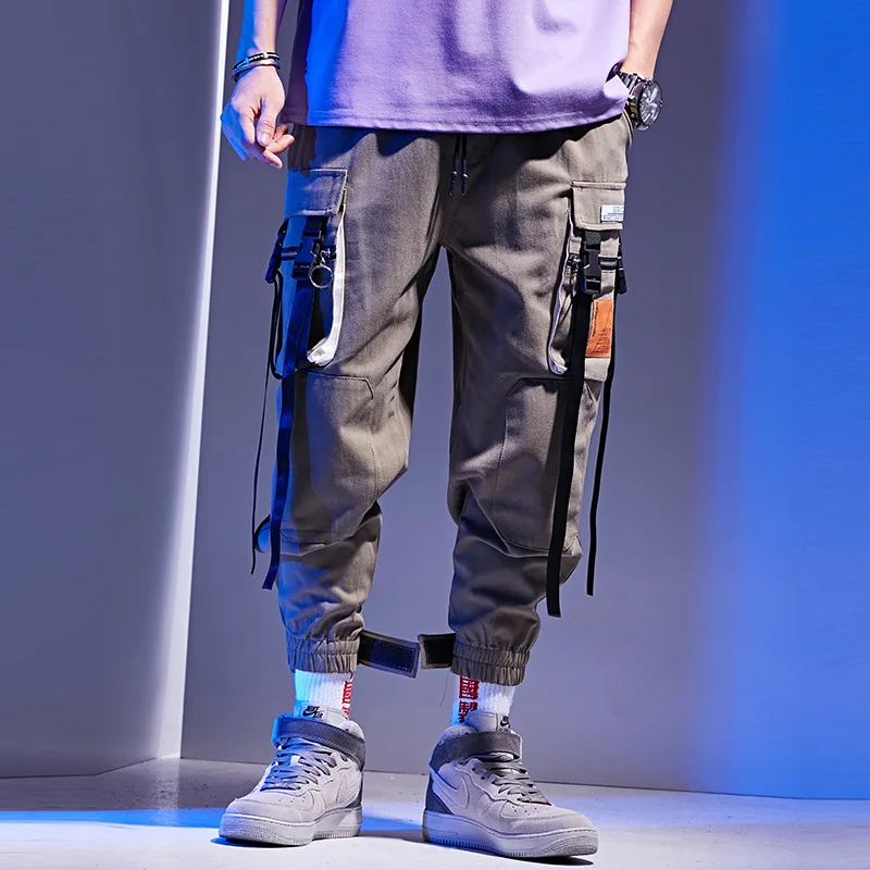 Мужская Уличная одежда, штаны для бега в стиле хип-хоп с лентами, дизайнерские штаны для бега, мужские повседневные брюки-карго, спортивные штаны длиной до щиколотки WB46