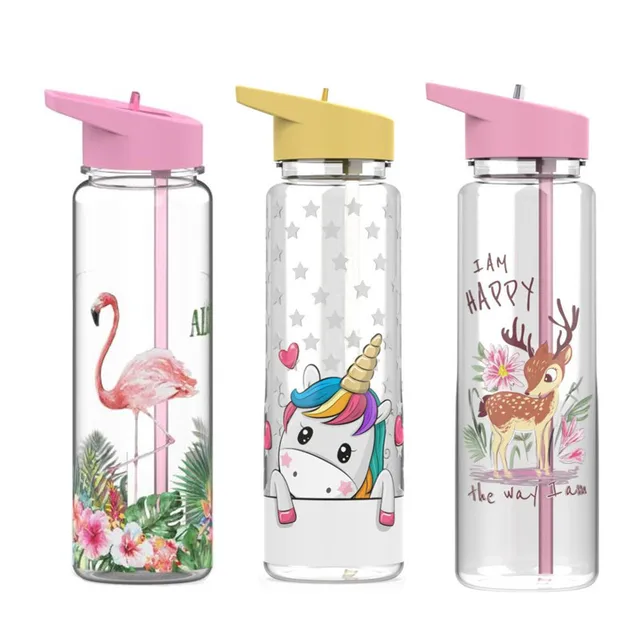 Bpa Free 750ml 100%Tritan Sports Outdoor Straw Water Bottle With Flamingos Printing My Drink Juice Handle The Unicorn Kettle 3