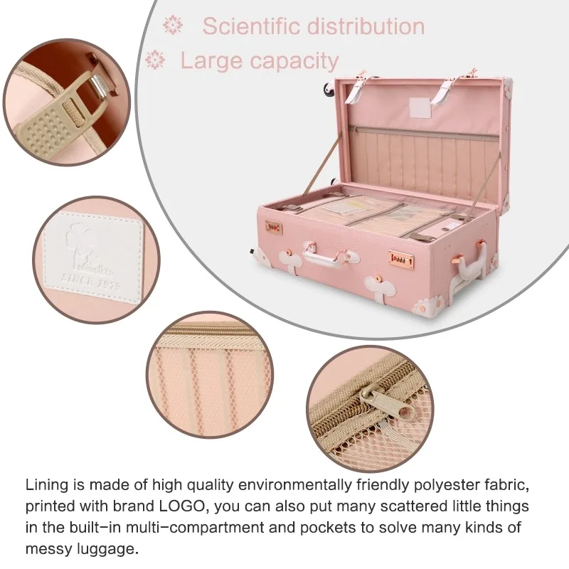 Popular Retro handmade set rolling luggage with cosmetic case girl cute travel trolley suitcase women fashion makeup luggage