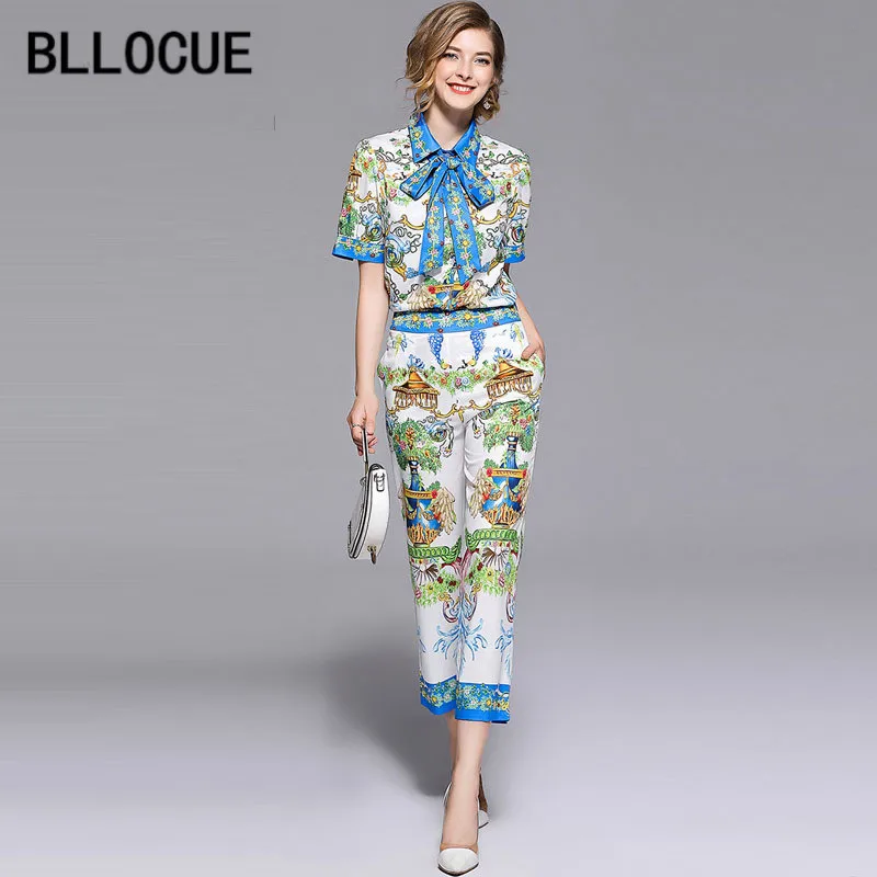 BLLOCUE High Quality Summer Fashion Designer Runway Suit Set 2 Piece Set Women's Long Sleeve Bow Shirt+ Vintage Pants Set