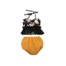 2 предмета, модная повседневная хлопковая рубашка без рукавов с цветочным принтом и кружевным поясом для маленьких девочек топы, шорты, комплект для детей от 0 до 24 месяцев