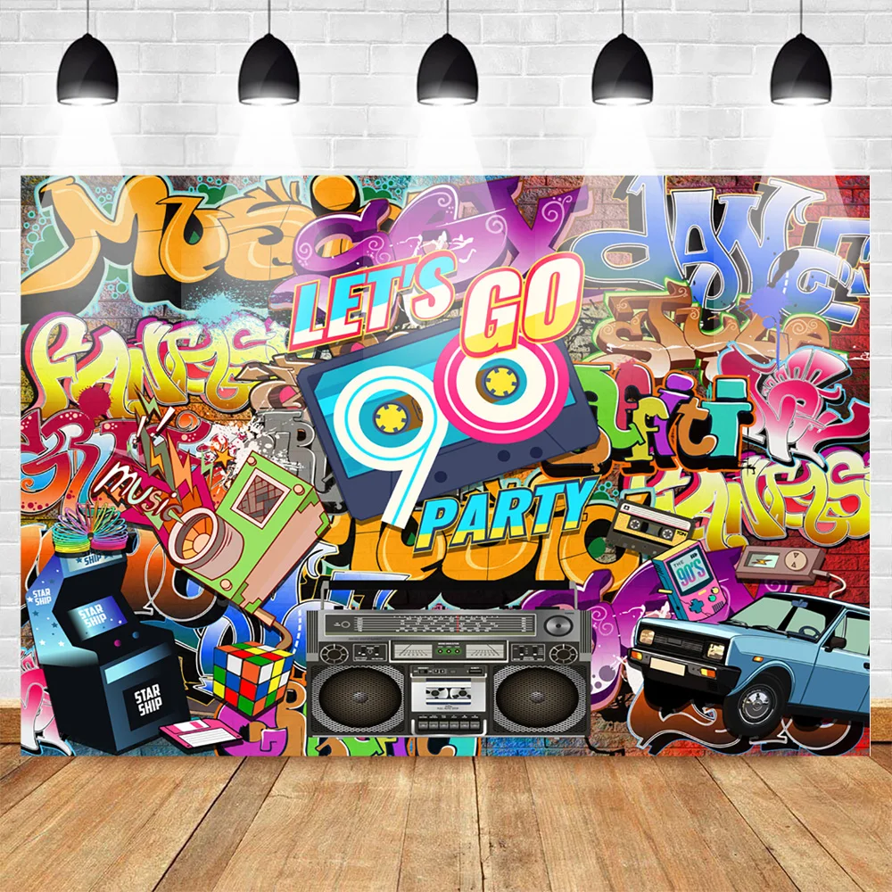 Let's Go 90's Party Backdrop Граффити стена хип хоп 90s винтажный радио музыка 90th