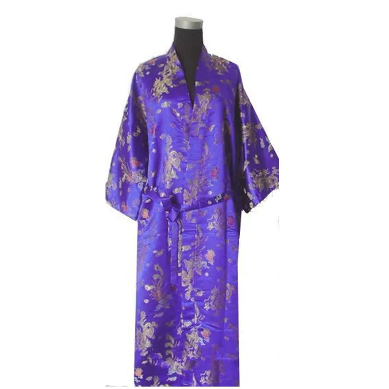 Free Shipping Blue Male Satin Polyester Robe Vintage Embroidery Kimono