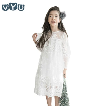 

VYU Baby Girls Dress Children Clothing 2018 Summer Long Sleeves White Hollow Lace Gauze Party Dress New Arrival Hot Sale