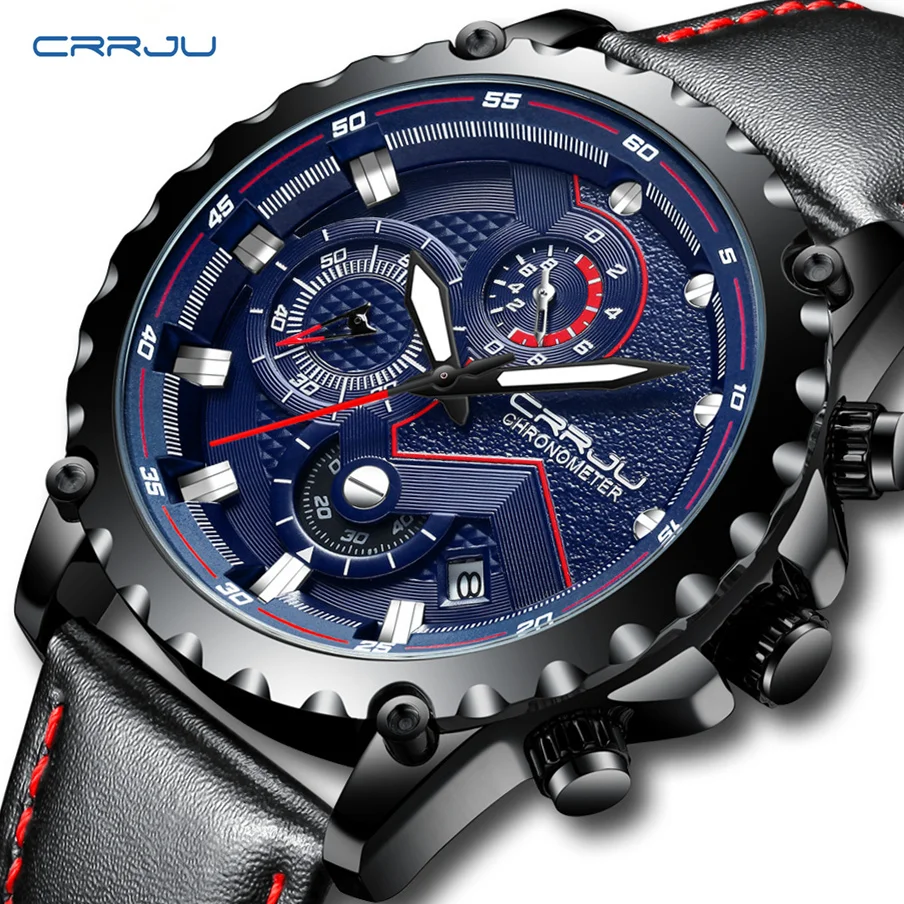 

2019 New Men Watch CRRJU Relogio Masculino Sports Clock Men's Watch Top Brand Luxury Military Leather Waterproof Wristwatch