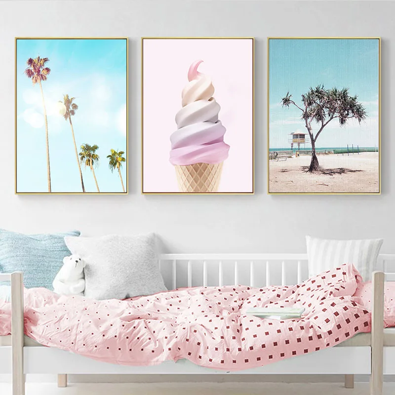 

Pink Girls Nursery Room Decor Fairy Floss Canvas Painting Tropical Palm Tree Posters Prints Wall Art Pictures for Living Room