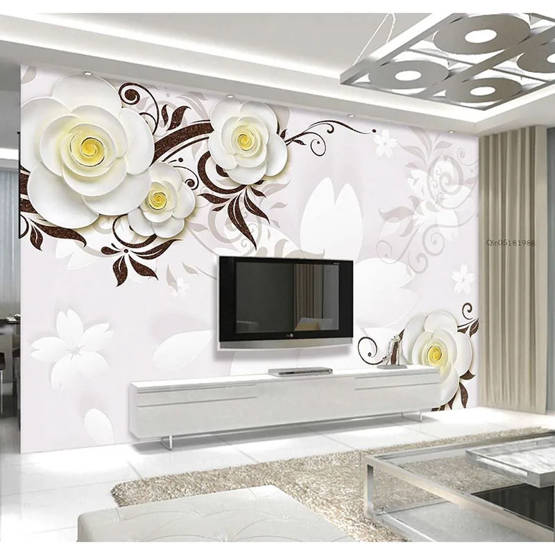 

Custom Wall Mural Modern Art Painting High Quality Mural Wallpaper White Background Pattern Embossed Flowers 3D Wallpaper Mural