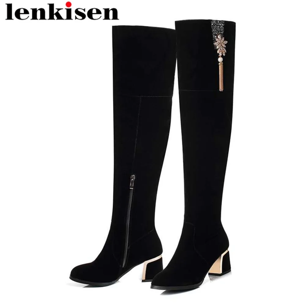 

Lenkisen high quality pointed toe thigh high boots high thick heel zipper big size flock crystals metal pendant winter boots L65