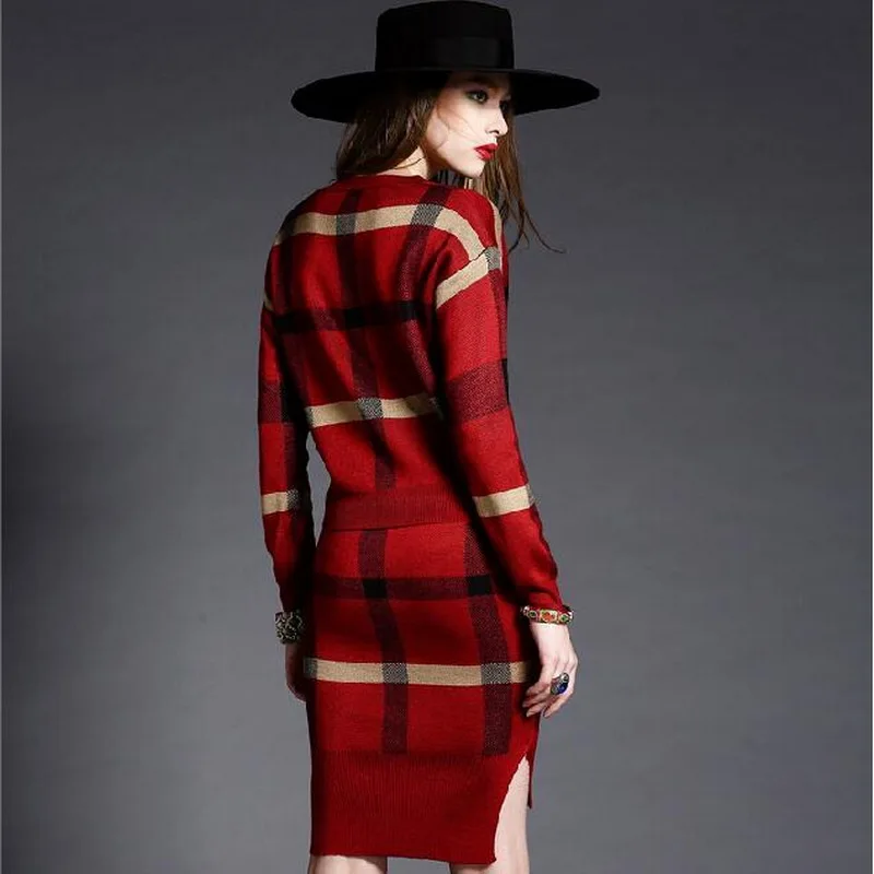 Осень зима 2019 Женский Большой трикотажный плед костюмы с круглым вырезом длинный