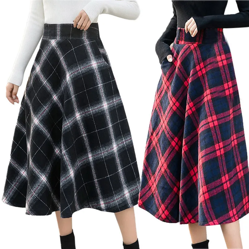Feitong Female Womens High Elastic Waist Cotton Maxi Skirt A-line Plaid Autumn Winter Warm Straight Flare Long Skirt N15#N (8)