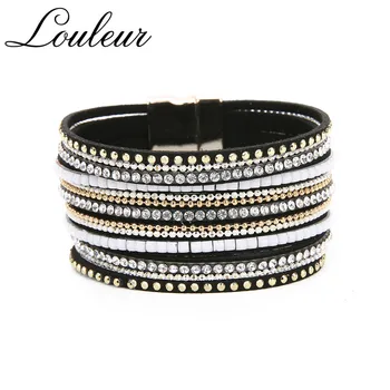 

Louleur Luxury Crystal Multilayer Leather Bracelet Rhinestone Beads Wrap Bracelets for Women Pulseras Mulher Bohemian Jewelry