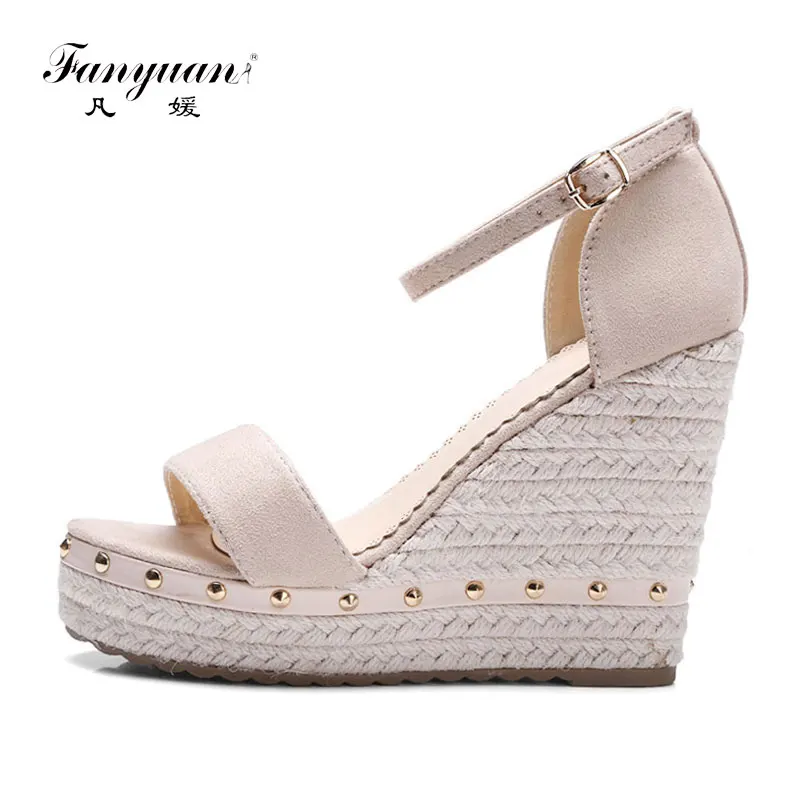 

Fanyuan Fashion Solid Wedges High Heels summer Cover Heel Sandals Concise Ankle-Wrap Women Shoes Buckle Strap Sandals