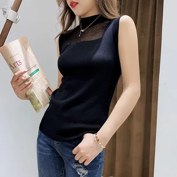 

Ice Silk Sexy Knitted Top Women Sleeveless Vest Sling Knitted Tank Top V-neck Pullover High Elastic Camis Summer White Tops 2019
