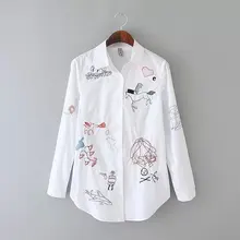 Nice Fashion Women Cotton Blouse Nice Spring White Shirt Long Sleeve Shirt Embroidery Blouse Wild Slim Shirt Office OL Tops CC58