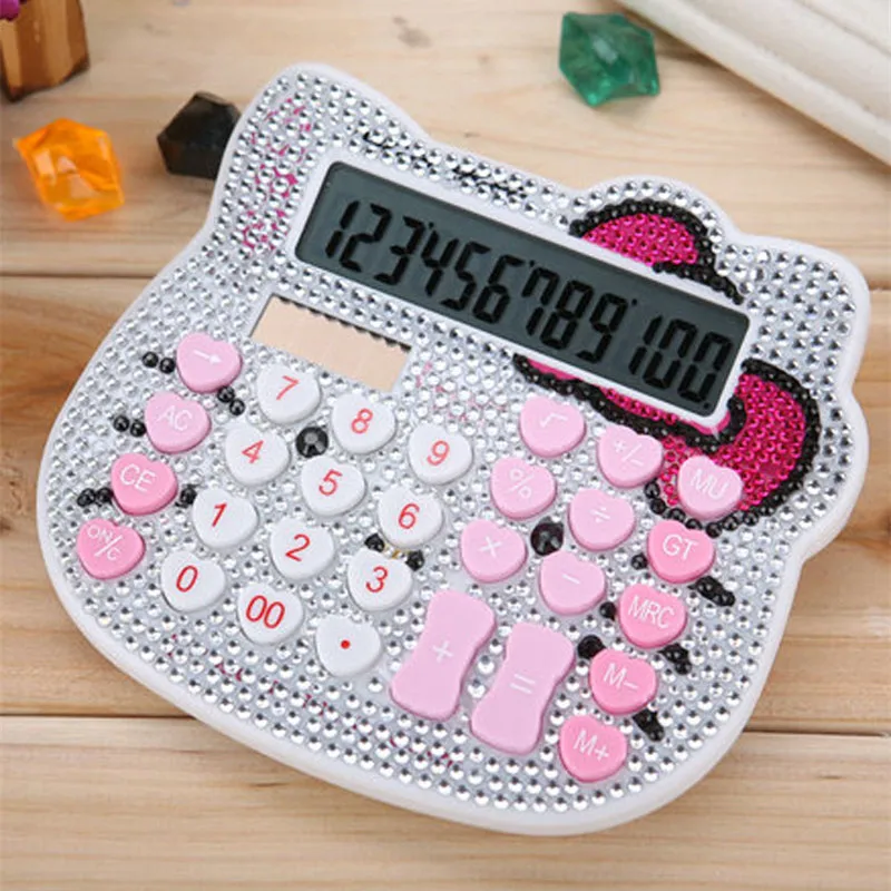 

2019 Hot Sale Middle Size 12 Digit Solar Pink Cute Luxury Rhinestone Crystal Diamond Hello Kitty Calculator Wholesale