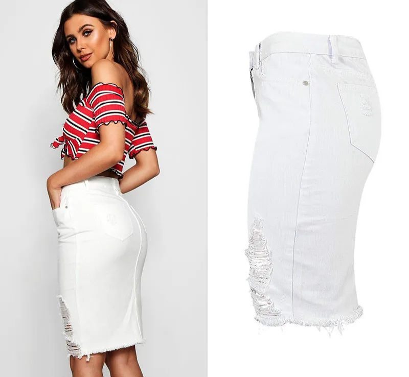 LOGAMI Высокая талия рваные облегающие джинсовые юбки женские белые миди женская джинсовая юбка Сексуальная юбка карандаш