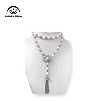 

MADALENA SARARA AAA 8-9mm Freshwater Pearl Strand Necklace White Color Pearl Bead Pendant Flower Clasp Tassel Necklace