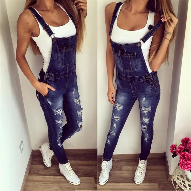 

Autumn Women Denim Blue Elastic Jeans Jumper Skinny Strappy Pocket Washed Cowboy Trousers Plus Sizes Female Overalls