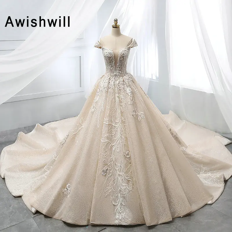 Новое поступление 2019 принцесса свадебное платье блесток, бисера, Аппликации бальное платье Свадебное платье Роскошные свадебные халат de