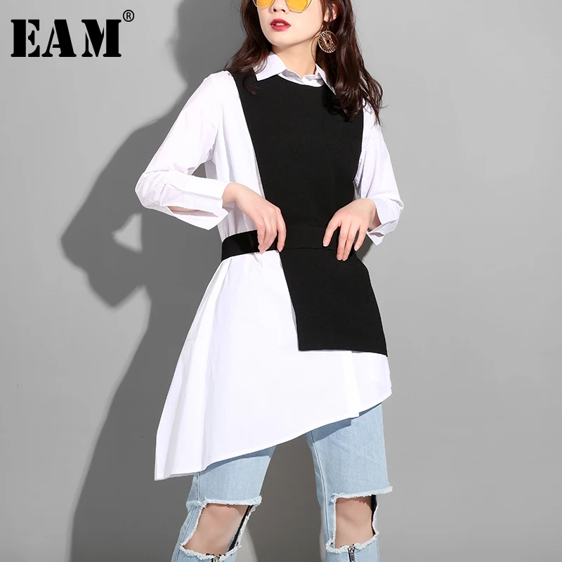 

[EAM] 2019 New Autumn Winter Lapel Long Sleeve Black Hit Color Irregular Vest Two Piece Dress Women Fashion Tide Q91700XL