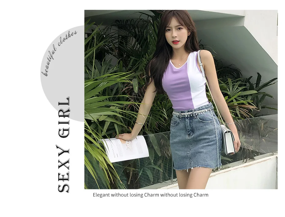 Oukytha Crop Top Women Summer Tshirts Sexy Tank Tops Color Hit Tees O-neck Sleeveless Short Cotton Female Clothes GQZ19044