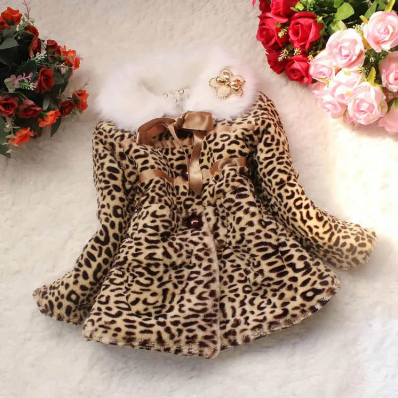 

Autumn winter children clothing baby girls coat Leopard fox fur collar coat with bow wear Clothes baby outerwear dress jacket