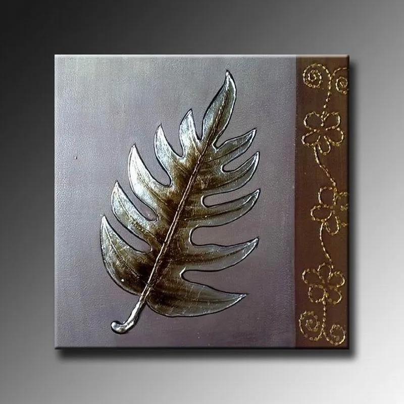 Abstract leaves painting on canvas,single silver leaves oil paintings