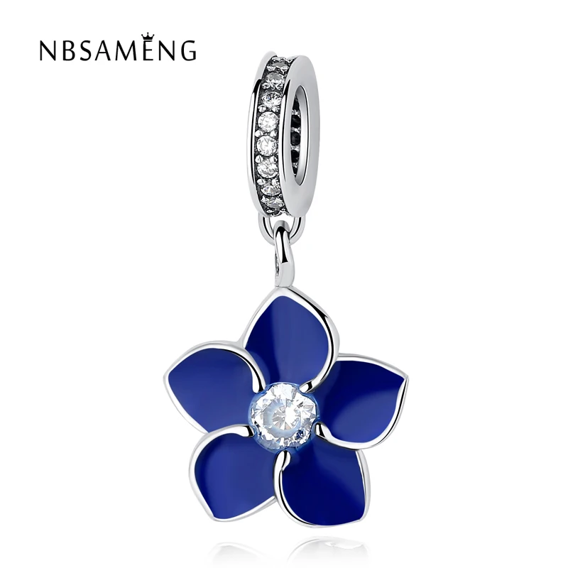 Authentic 100 925 Sterling Silver Enamel Blue Flower Charm Pendant