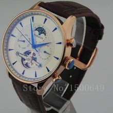 Corgeut 44 мм с золотым напылением корпус Золотая пряжка белый циферблат синие часы ручные автоматические мужские часы 1578