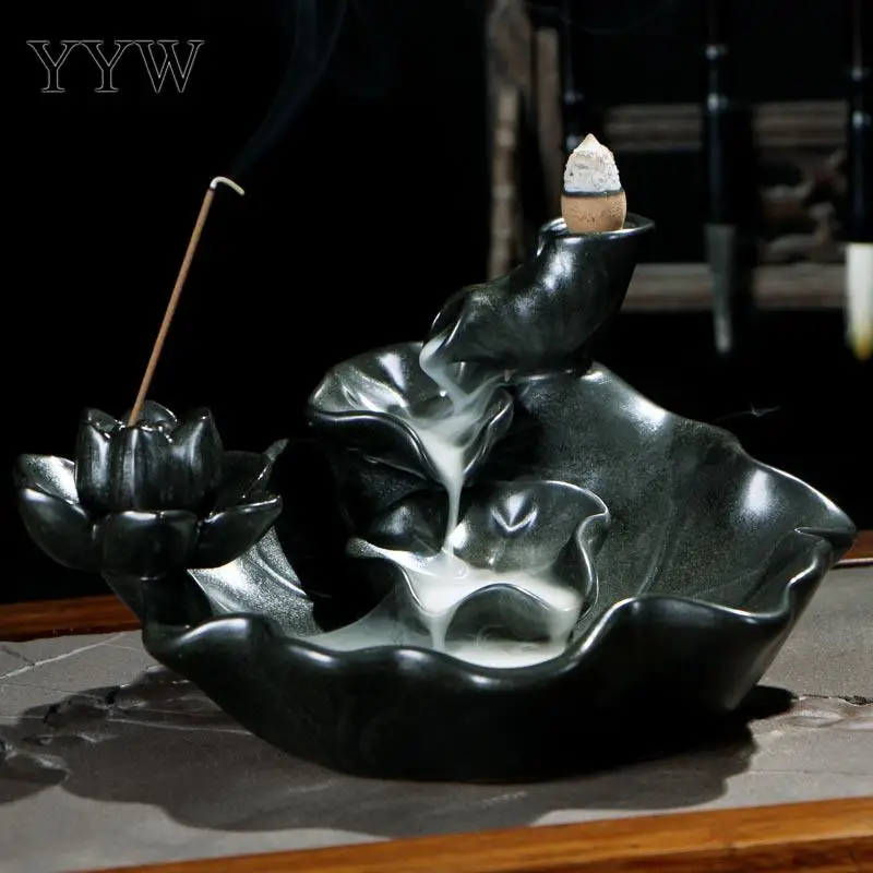 

Lotus Backflow Incense Sticks Burner Waterfall Incense Stick Holder Censer Black Porcelain Aroma Smoke Burner Incense Home Decor