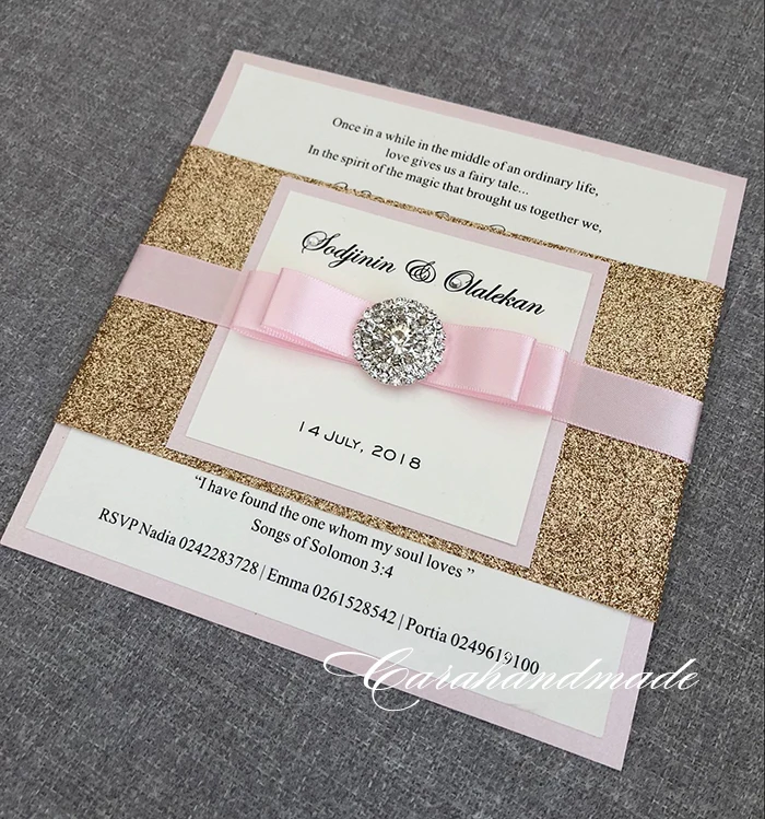  CA0789 Fuchsia Glitter Bow Jewel Wedding Invitation. Lovely Monogram. Stunning Sparkling Pink invit - 32789823898