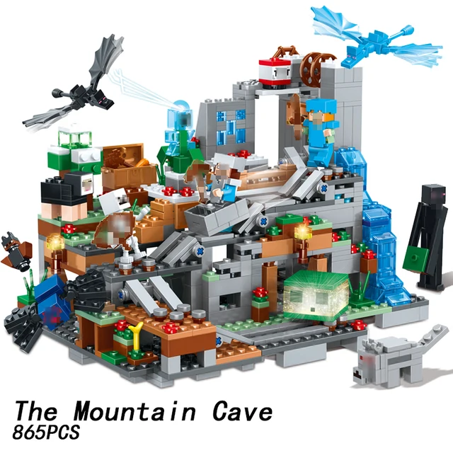 Cheap The Mountain Cave 865PCS My world Minecraft Mini Game Figures Zombie Steve Alex Building Block Bricks Model DIY legoingly Toys