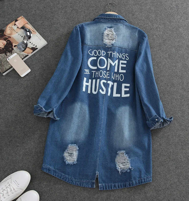 incredible  Ladies Denim Jackets Women Spring Turn Down Collar Hole Long Sleeve Casual Denim Jacket Women Jeans