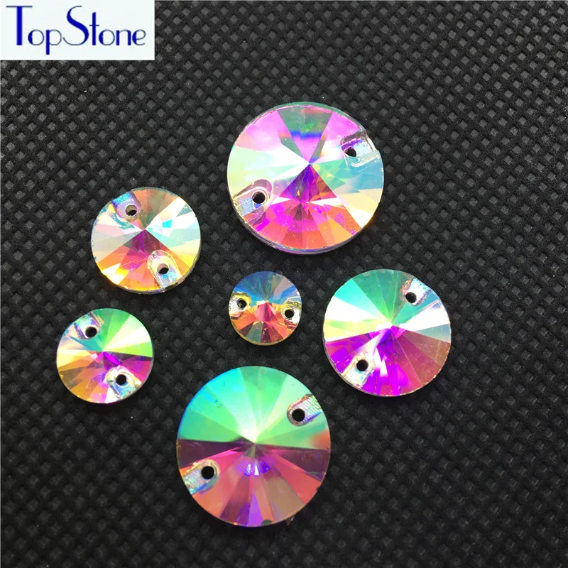 

TopStone Many Colors Glass Crystal Rivoli Sew on Rhinestones Round Crystal Flatback 2 Holes Size Size 8mm 10mm 12mm 14mm