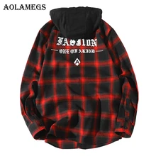 Aolamegs мужские рубашки в клетку с капюшоном, мужские рубашки с буквенным принтом, тонкая хлопковая Удлиненная рубашка с длинным рукавом, модная повседневная Весенняя рубашка в студенческом стиле