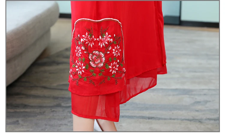 Элегантное красное китайское платье Qipao вечерние 2019 Лето Высокое качество Улучшенная платье Чонсам с вышивкой из двух частей красный