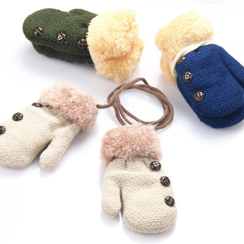 Зимние женские перчатки для маленьких мальчиков, детские варежки с длинными пальцами, теплая акриловая вязь, детские вязаные одноцветные варежки на пуговицах, SA987036