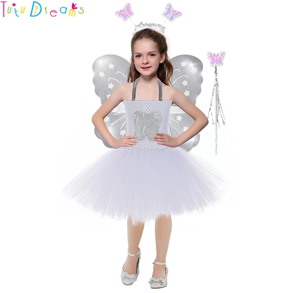 White Tooth Cartoon Cosplay Tutu Dress With Wings Wands Kids Girls Angel Birthday Halloween Carnival Costume Clothes | Детская одежда и