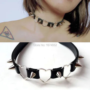 

Punk Harajuku Gothic Handmade 3 Heart Metal Leather Choker Collar Necklace Chaplet Studded Spikes Heart Choker