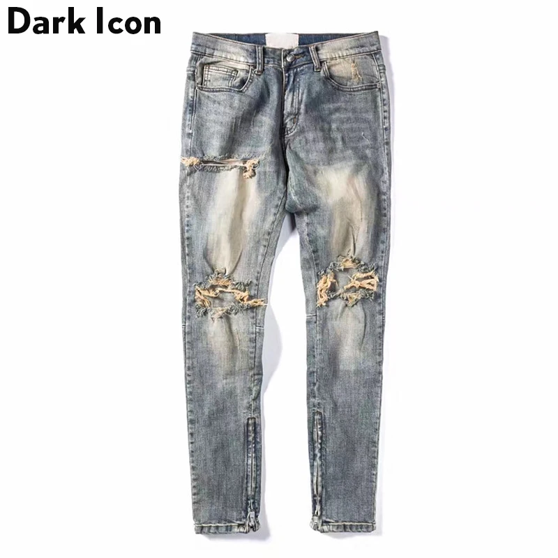 Ripped Jeans DARK ICON Ripped Side Zipper Jeans Men New Stonewashed Destroyed Men's Jeans