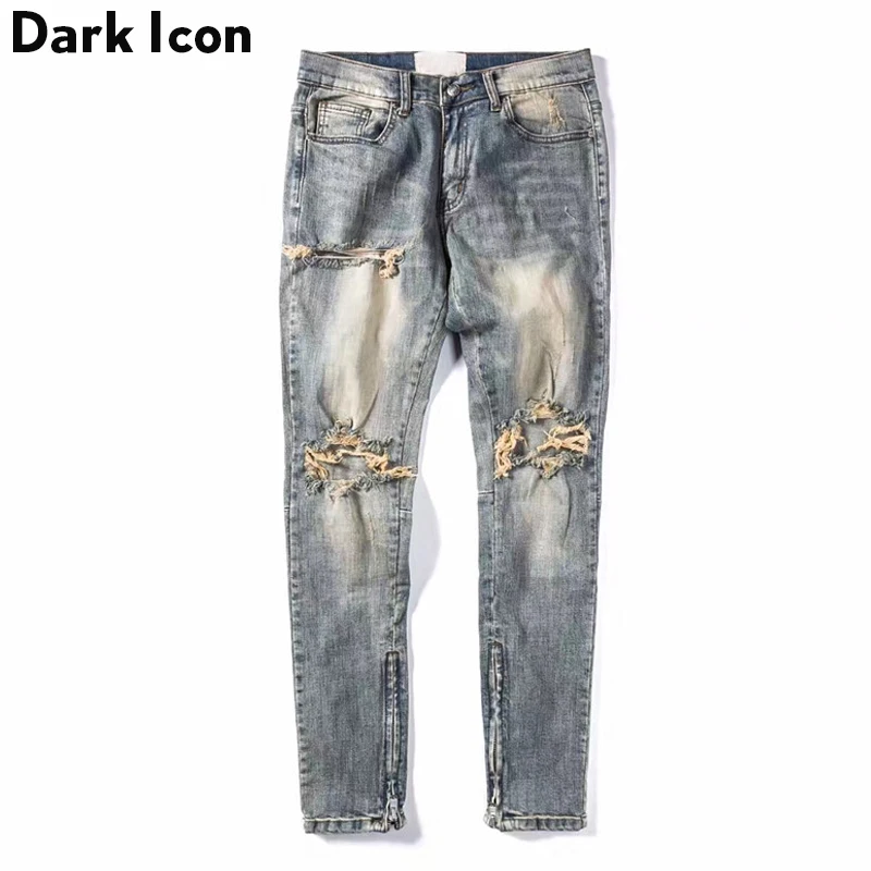Темный логотип рваные боковая молния джинсы мужские 2019 новые потертые мужские джинсы