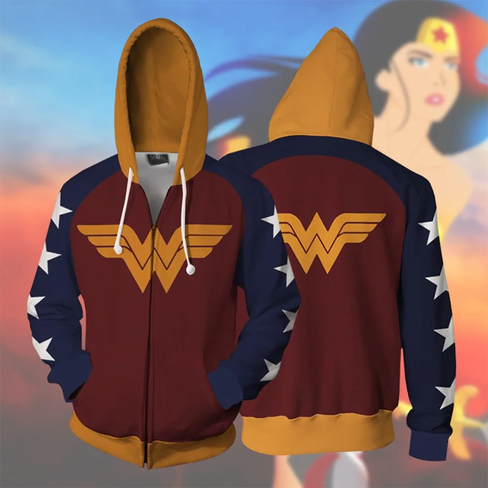 

BING RUI CO Wonder Woman Princess Diana Cosplay Costume 3D Printing zipper Sweatshirts Hooded sweater fashion Men and women