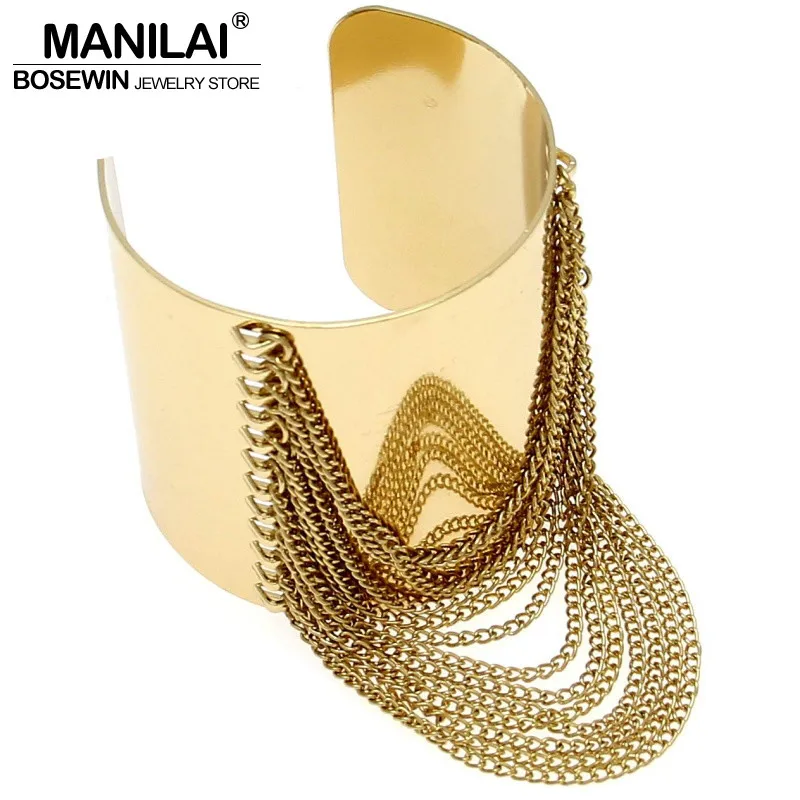 

MANILAI Fashion Bright Gold Color Alloy Open Punk Cuff Bangles Women Chain Tassels Bracelets Charm Statement Accessories Rock