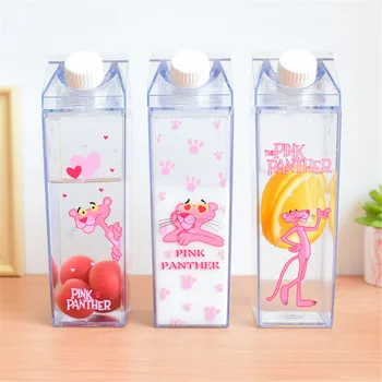 

Cartoon Pink Panther Water Bottles Scandinavian Chic Transparent Plastic Juice Beer Bottles Unique Milk Box Shape Drink Bottle