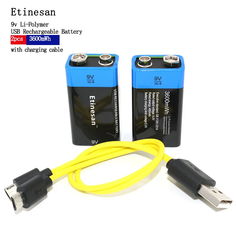 NEW Battery Etiesan 2pcs Lot 9V 3600MWH Lithium Li Ion Li Poltmer Rechargeable Batter With USB