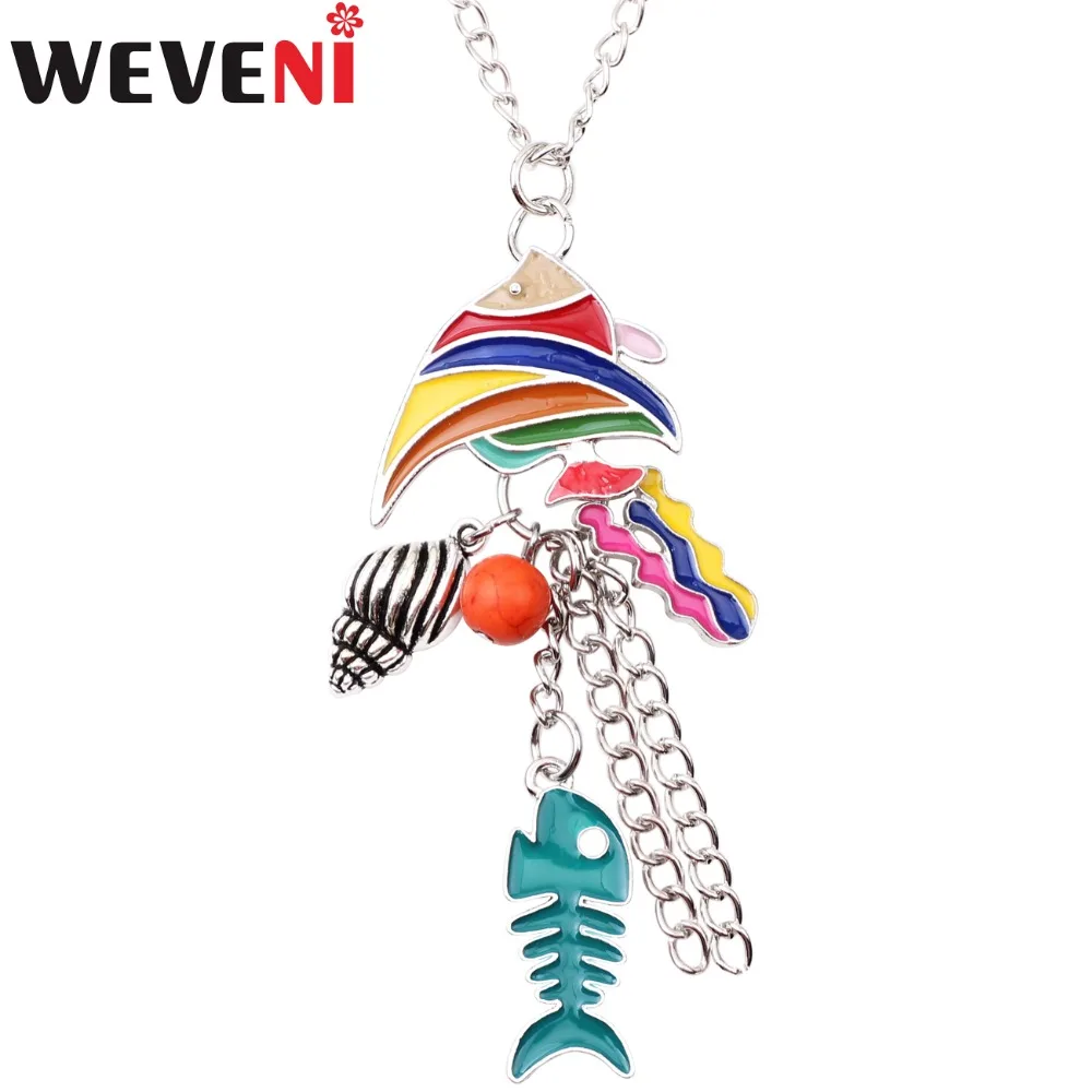 WEVENI Dichiarazione Dello Smalto Pesce di Mare Conch Pendenti Lunga Collana Della Catena Del Collare Donne di Modo Accessori OCEANO Gioielli COLLEZIONE
