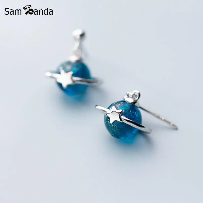 

New 100% 925 Sterling Silver Stylish Cute Blue Planet Sweet Starry Sky Earrings For Women Jewelry Gift Anti Allergy