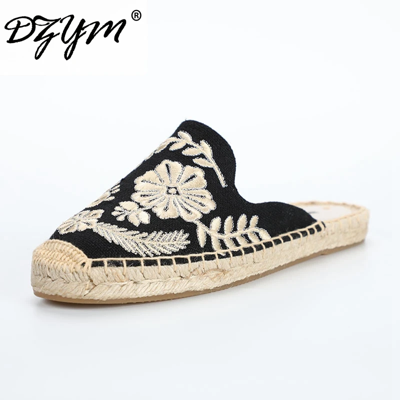 

DZYM Spring Summer Paris Garden Slippers Canvas Espadrilles Women Fisherman Shoes Straw Woven Hemp Mules Flax Embroidered Flats